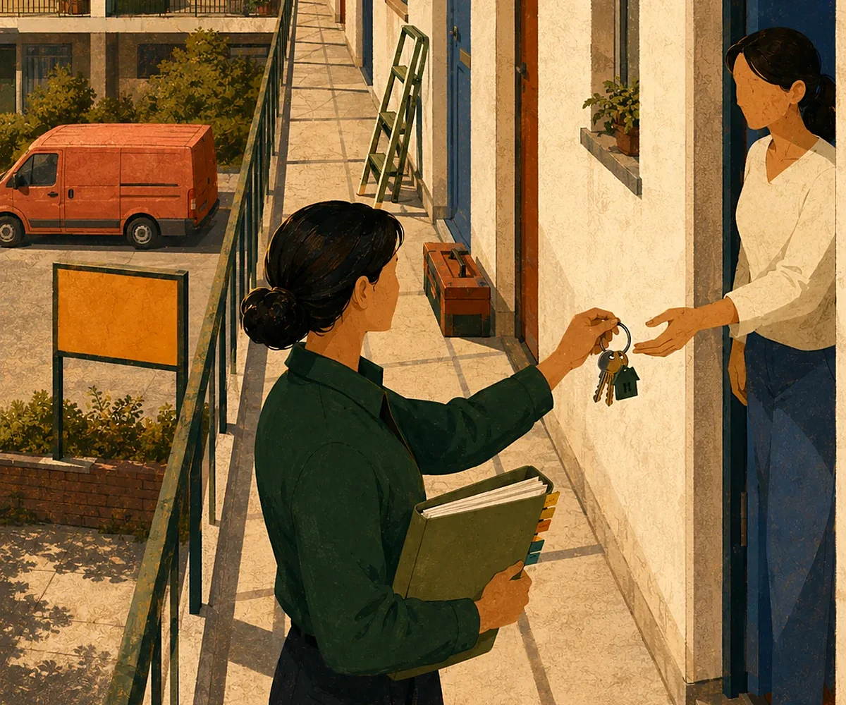 Editorial illustration of a property professional outside residential buildings.