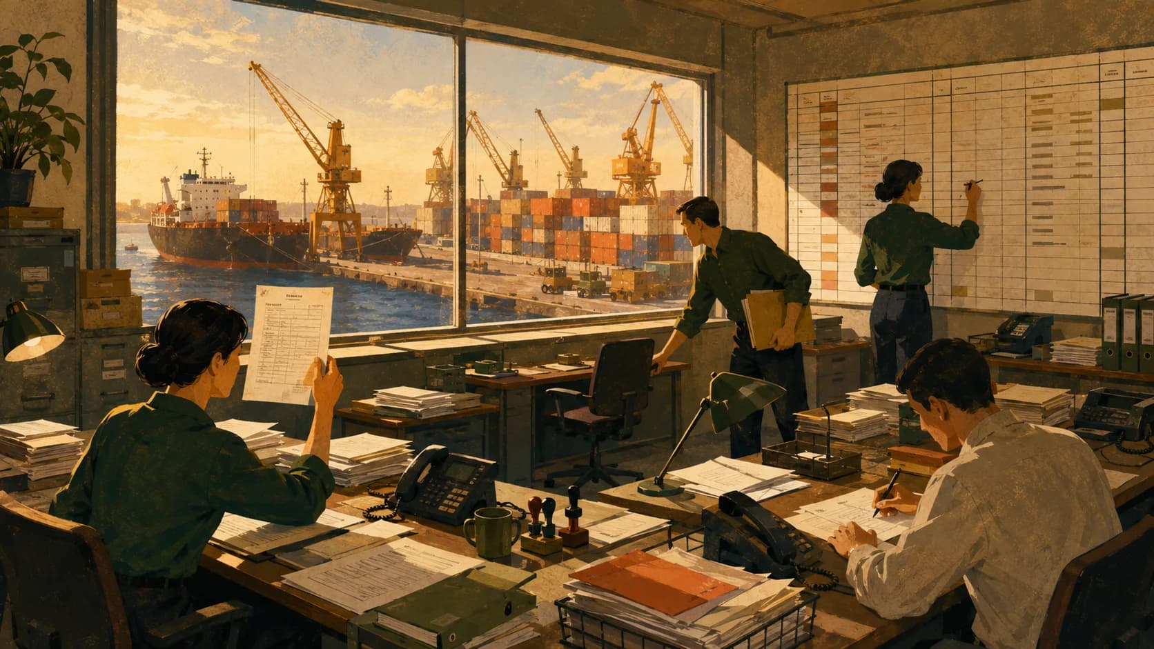 Editorial illustration of a chartering office overlooking a working port.